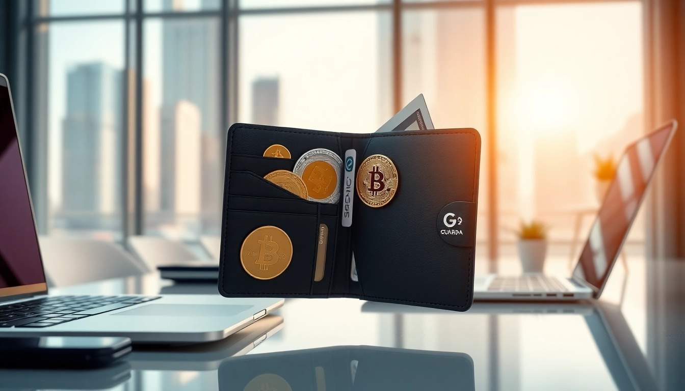 Showcase a guarda wallet displaying multiple cryptocurrencies in a modern office setting.