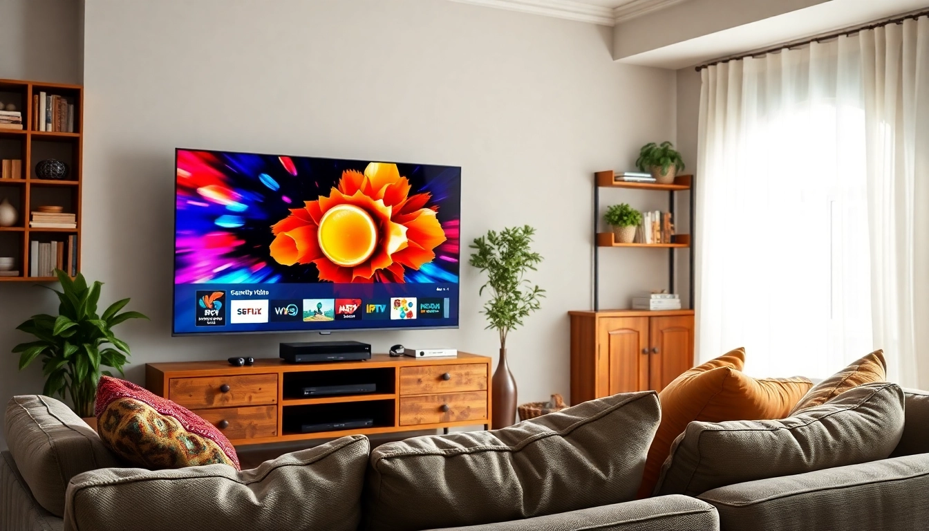 Regardez des iptv abonnements sur un téléviseur moderne dans un salon accueillant.