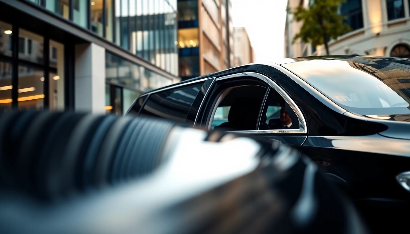 Experienced london chauffeur assists a passenger in a luxury black car outside an elegant venue.