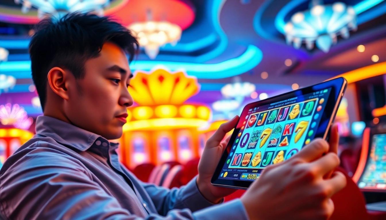 Menampilkan qqmacan slot dalam suasana kasino yang cerah dan menegangkan dengan pemain yang terfokus.
