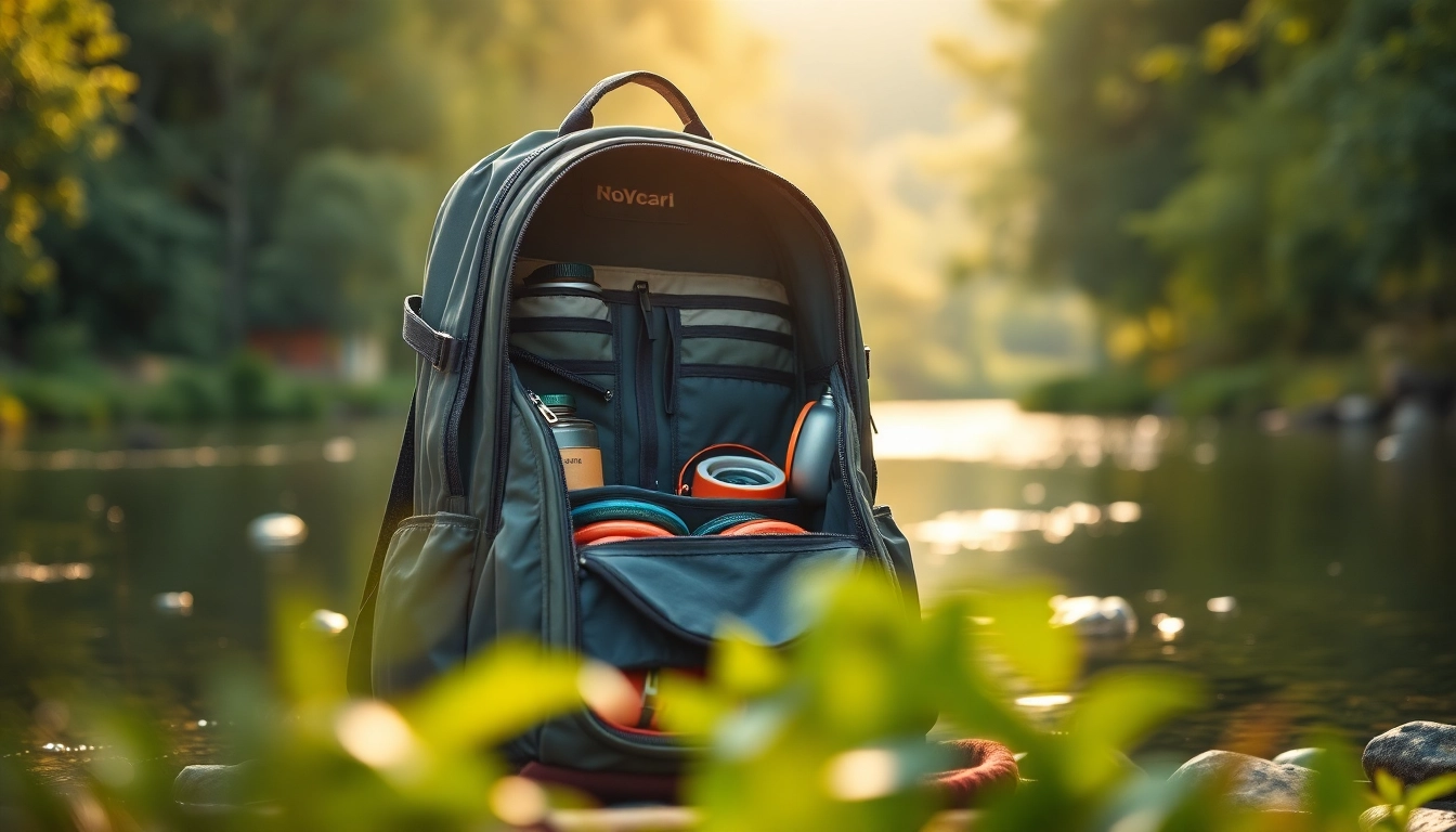 Organized fly fishing backpack showcasing gear in a scenic river environment.