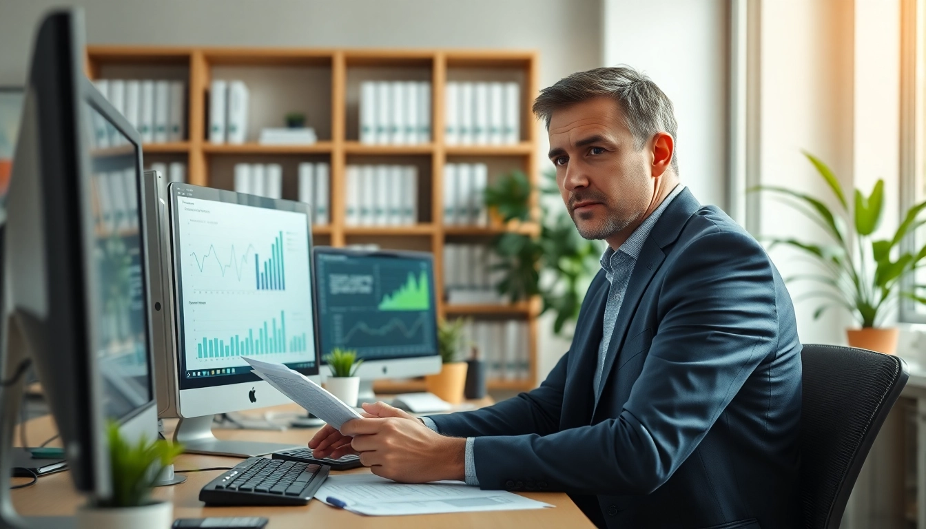 Showcasing Monthly Accounting Services with a professional accountant analyzing financial reports in a modern office.