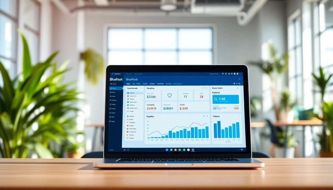 Showcase the features of Bluehost with a laptop in a bright office environment.