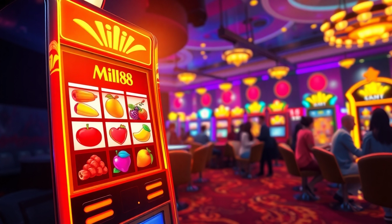 Putar mesin mild88 slot dengan simbol berwarna cerah dan latar belakang kasino yang ceria.