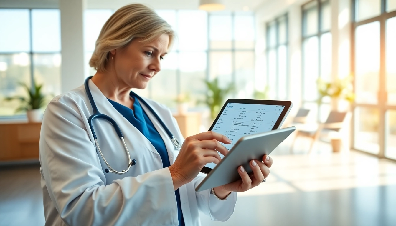 Showcasing advantages of using eprescription apps, a doctor interacts with a digital tablet in a bright clinic.